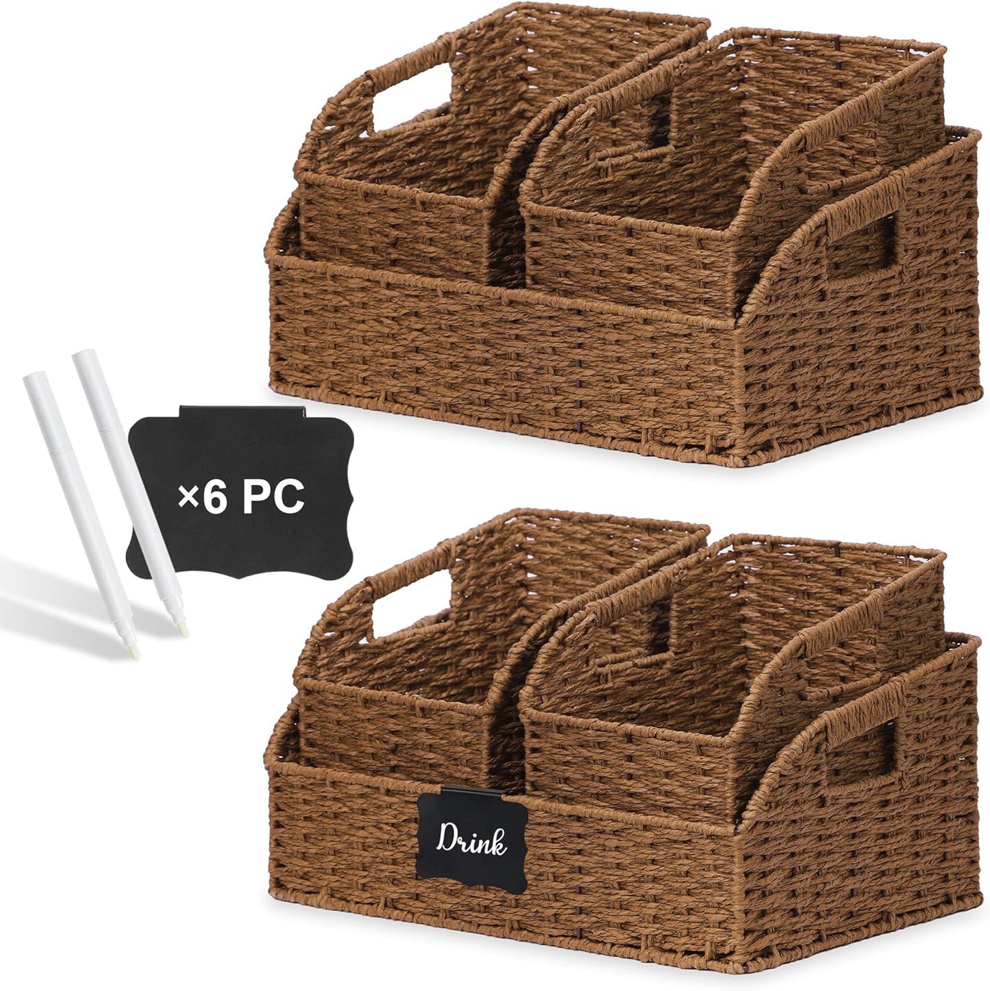Wicker Baskets for Organizing,Pantry, Kitchen Counter with Handles, Handwoven Woven Storage Baskets for Fruit, Bread, Vegetable, Paper Storage Bins for Shelves, 3 Pack, Brown 2 Set