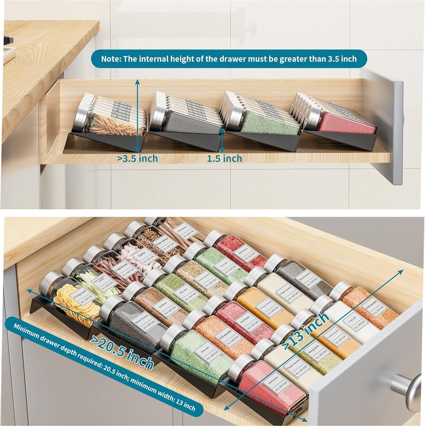Spice Drawer Organizer, 4 Tier Metal Spice Organizer for Drawer Insert, Spice Organization for Drawer, Kitchen, Countertop, Pantry (Jars Not Included)