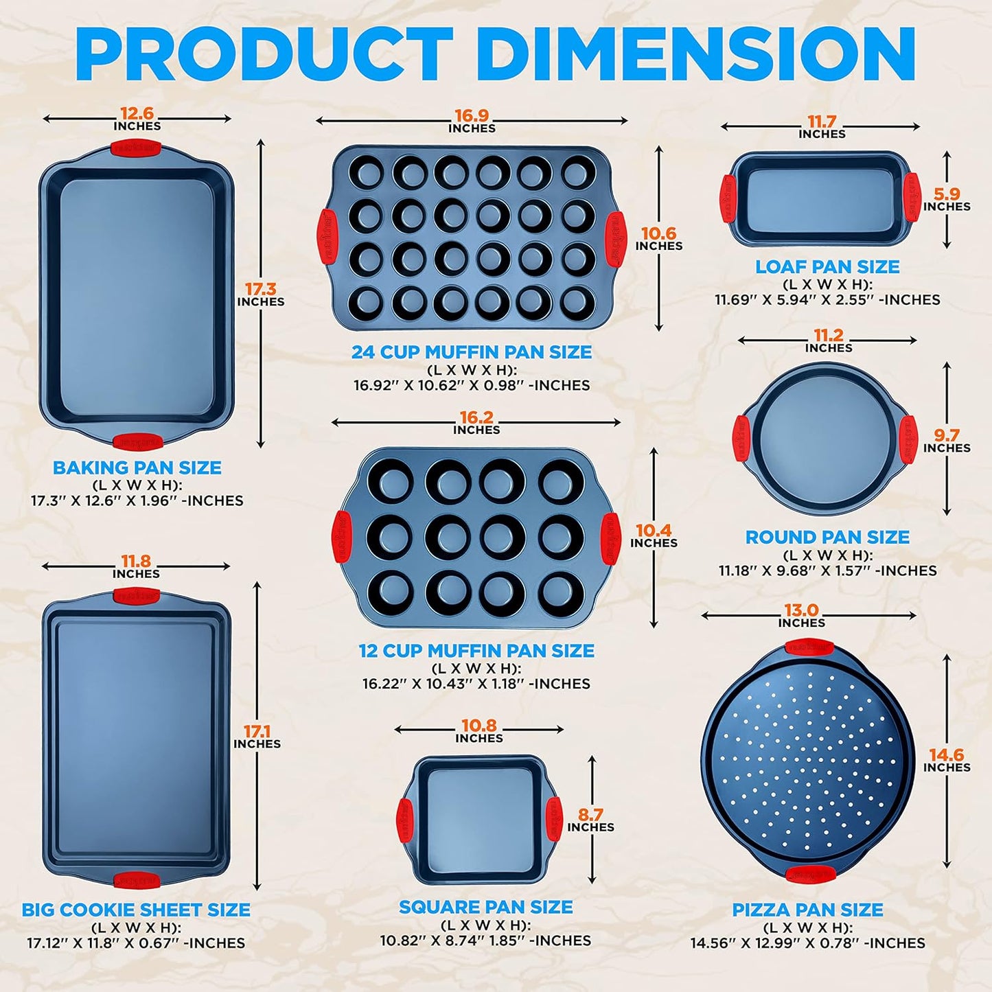 NutriChef 10-Piece Nonstick Bakeware Set - Premium Carbon Steel Baking Pans w/Silicone Handles - Includes Pizza Tray, 12 & 24 Cup Muffin Pans, Cookie Sheets, Round & Square Pans, Loaf Pan - Blue