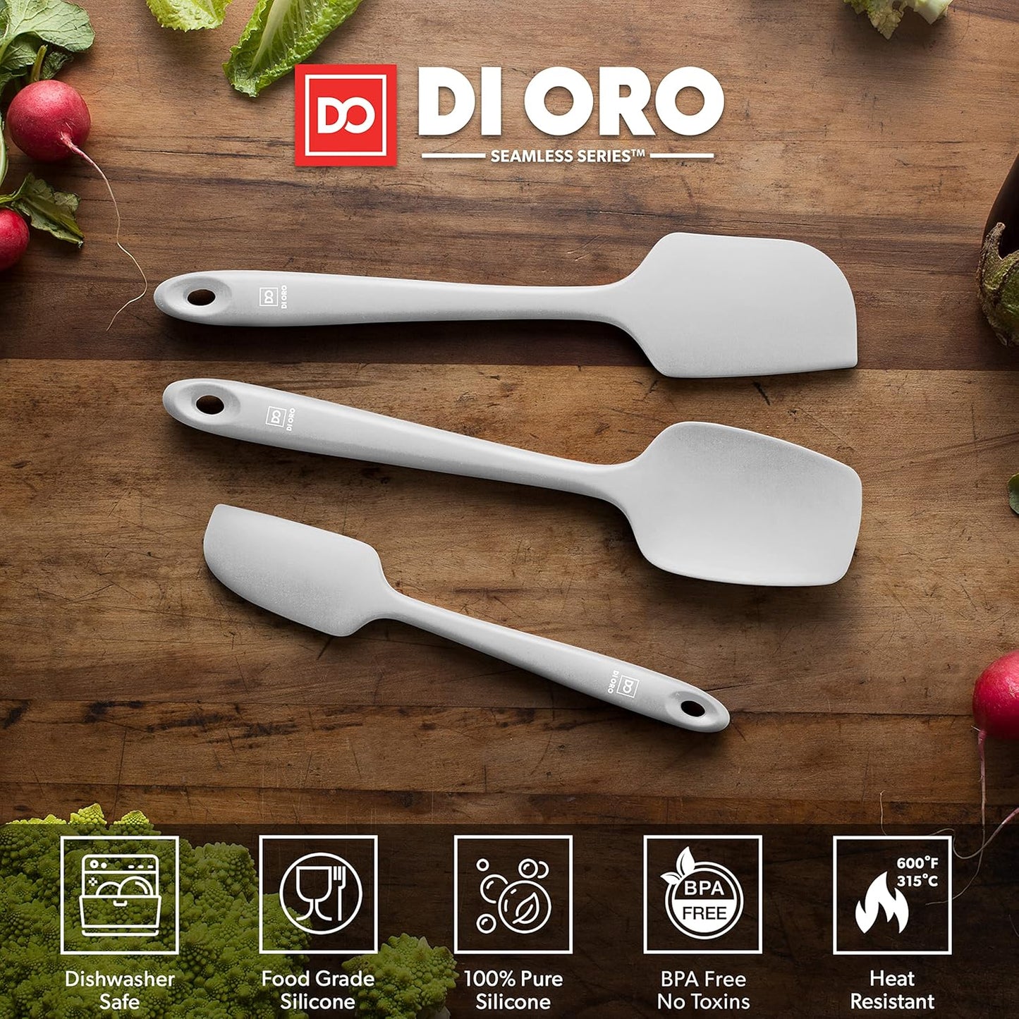 DI ORO Silicone Spatula Set - Rubber Kitchen Spatulas for Baking, Cooking, & Mixing - 600°F Heat-Resistant & BPA Free Silicone Scraper Spatulas for Nonstick Cookware - Dishwasher Safe (3pc, Stone)