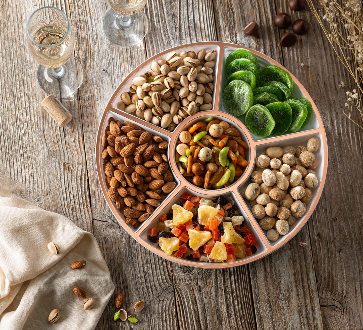 Plasticpro 6 Sectional Round Plastic Serving Tray/Platter (4, White & Rose Gold)