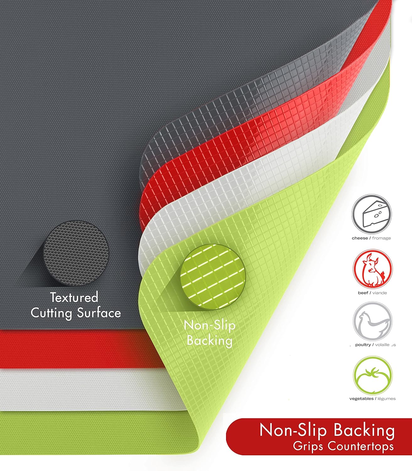 Dexas Heavy Duty Cutting Board Grippmat, Flexible Cutting Boards for Kitchen, Set of 4, Non Slip Plastic Board Cutting Mat 11.5 by 14 Inches Gray, Red, White and Green Set, Kitchen Gadgets