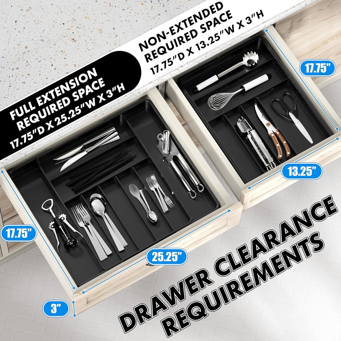 Simple Houseware Expandable Kitchen Drawer Flatware Organizer, Black – Adjustable Cutlery Tray with 9 Compartments for Utensils and Silverware