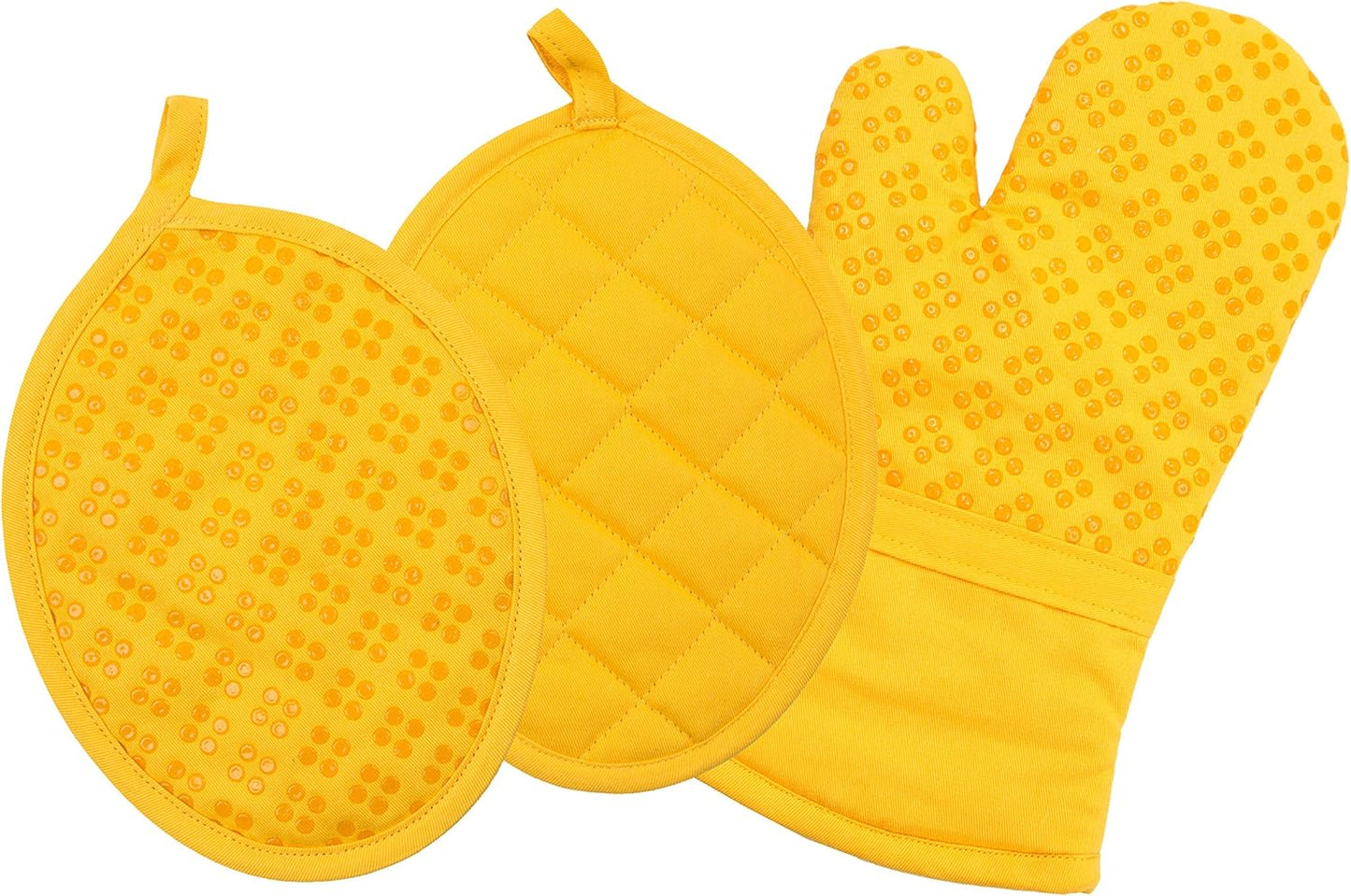 Sticky Toffee Oven Mitt and Pot Holder Set of 3 – Yellow Non-Slip Kitchen Hot Pads and Mitts with Silicone Grip, 100% Cotton Shell, Oeko-Tex Cotton