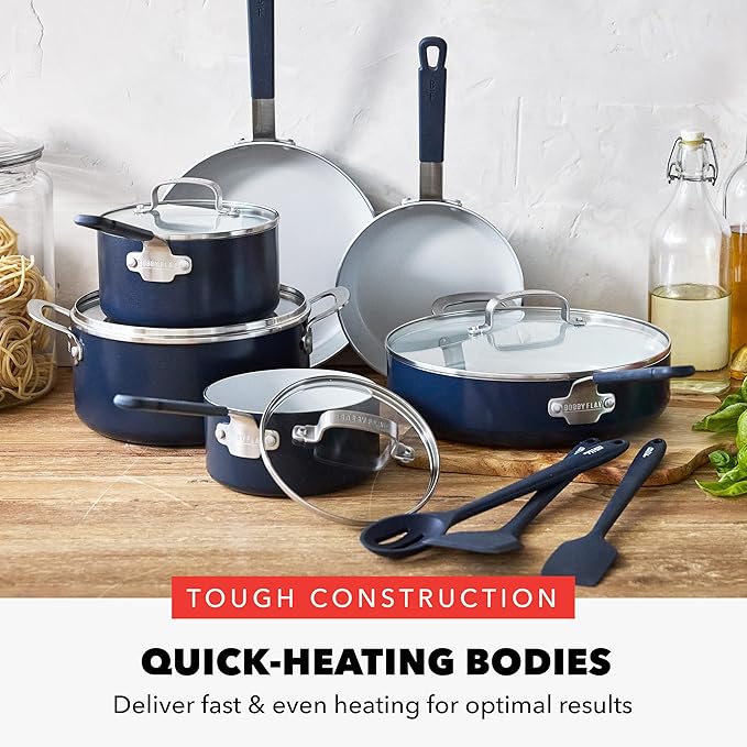 GreenPan x Bobby Flay 13 Piece Nonstick Cookware Pots and Pans Set, PFAS-Free Diamond Ceramic, Induction Suitable, Easy Clean Dishwasher & Oven Safe, Stay-Cool Silicone Handles, Glass Lids, Navy Blue