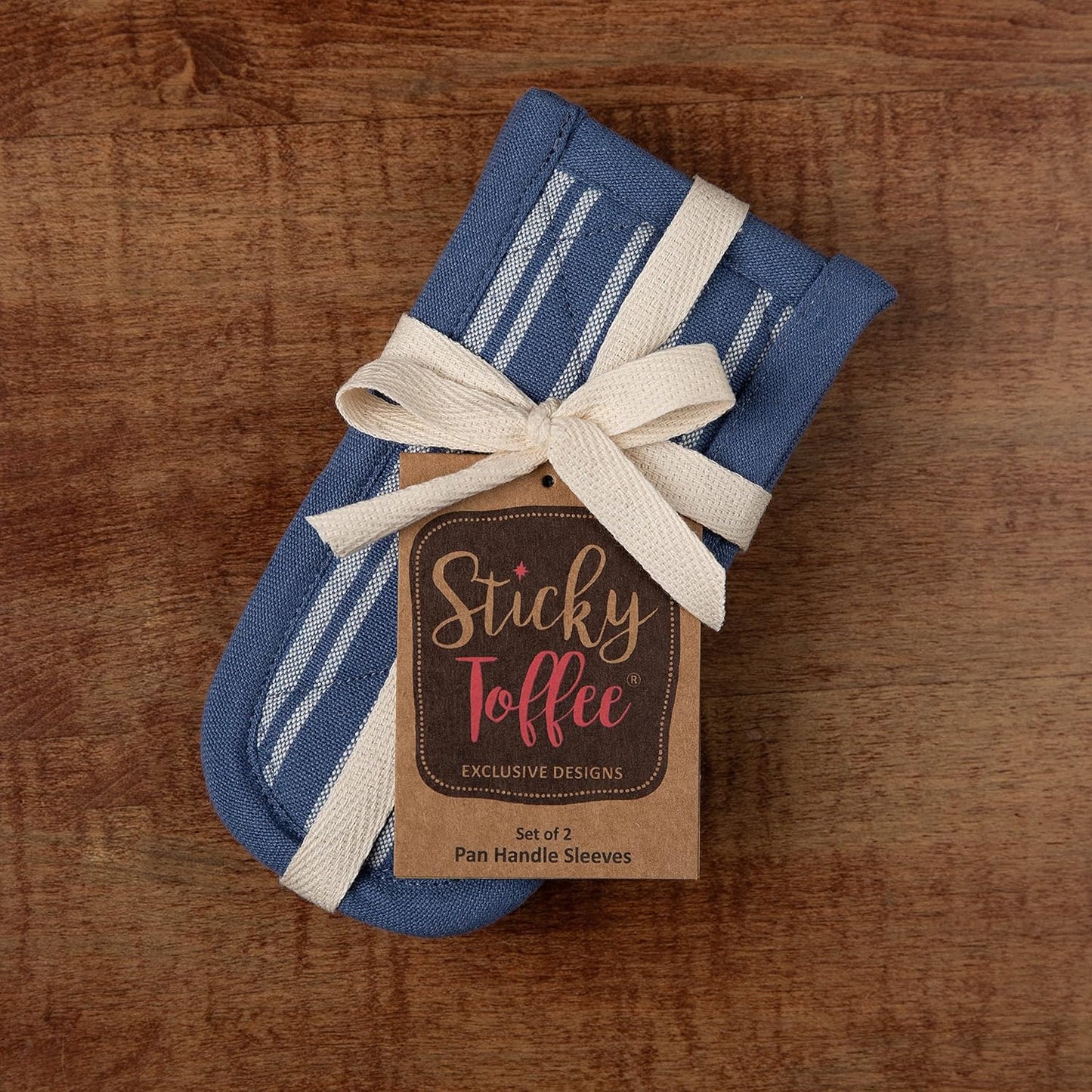 Sticky Toffee Pan Handle Covers for Cast Iron Skillet, Set of 2, Blue Heat Resistant Sleeves, 3 x 6 in, Oeko-Tex Cotton Hot Pot Holders