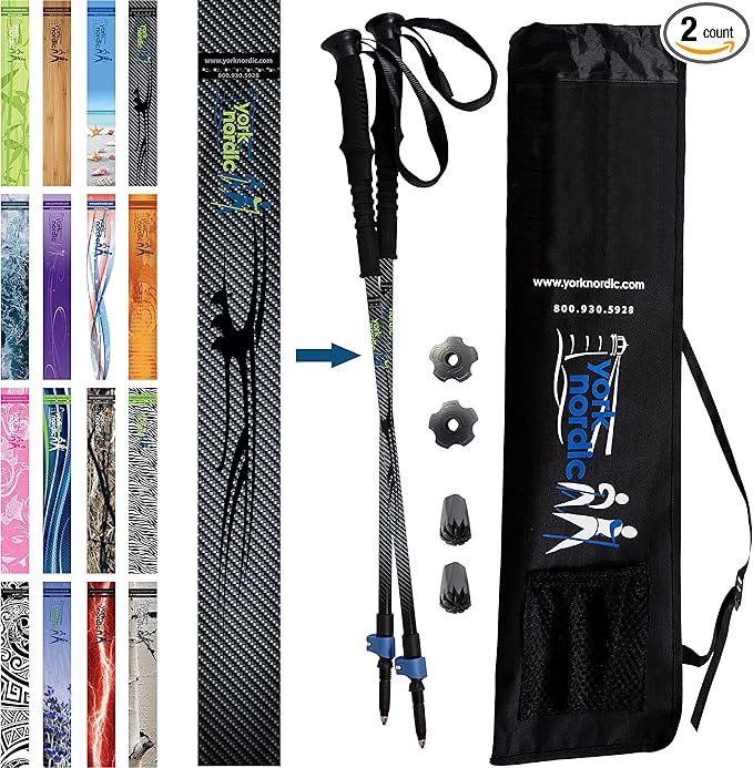York Nordic Hiking & Walking Poles - Cushion Foam Grips w/Nordic Strap - Lightweight, Adjustable, and Great for Balance -2 Pieces w/Flip Locks, and Travel Bag - Heights 5'4"-6'2"