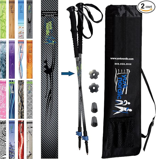 York Nordic Hiking & Walking Poles - Cushion Foam Grips w/Nordic Strap - Lightweight, Adjustable, and Great for Balance -2 Pieces w/Flip Locks, and Travel Bag - Heights 5'4"-6'2"