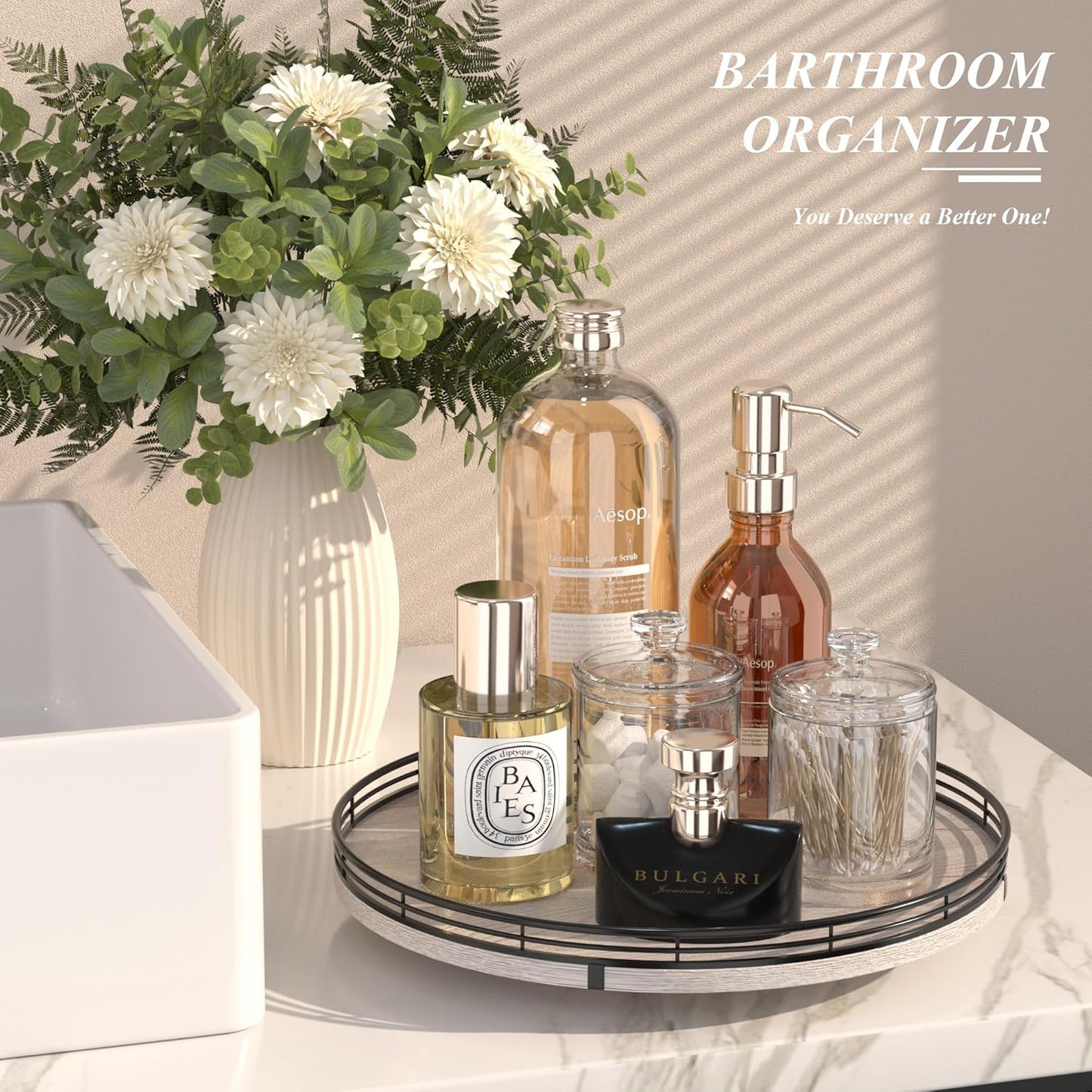 13" Oak Bathroom Vanity Tray Turntable for Perfume Candle, Round Wooden Decorative Tray for Kitchen Sink Countertop Organizer, Bathroom Counter Organizer for Skincare Makeup, Rustic White