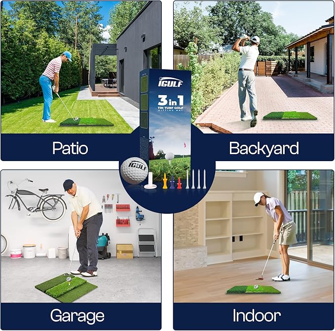Tri-Turf 3-in-1 Golf Hitting Mat - XL 24"x24" Foldable Practice Pad w/Adjustable Tees, Non-Slip EVA Foam Base, Indoor & Outdoor Use for Chipping, Driving, Swing Training, Backyard or Garage