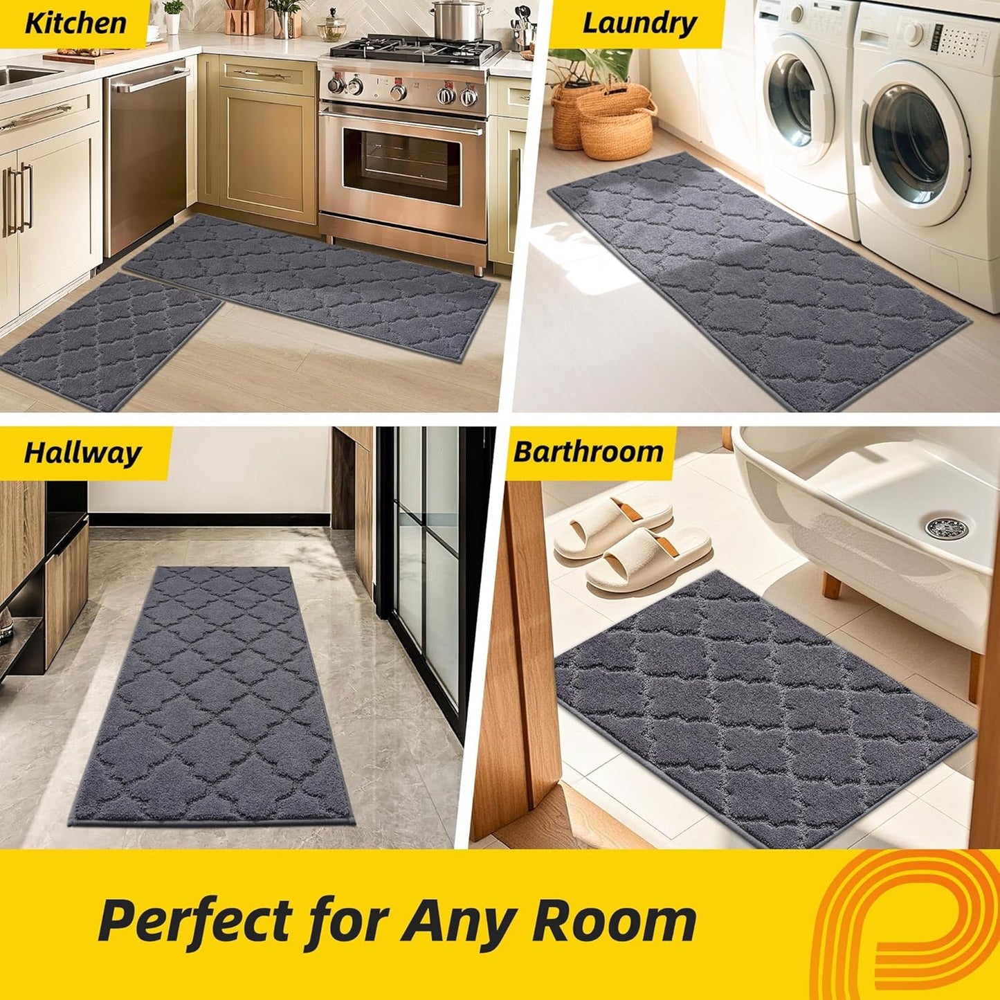 JSEI Kitchen Rugs, Non-Slip Kitchen Mats for Floor, Soft Washable Absorbent Kitchen Mats 2 Pieces, Kitchen Carpet Runner with TPR Backing, Polyester, 20”x32”+20”x48”, Dark Grey