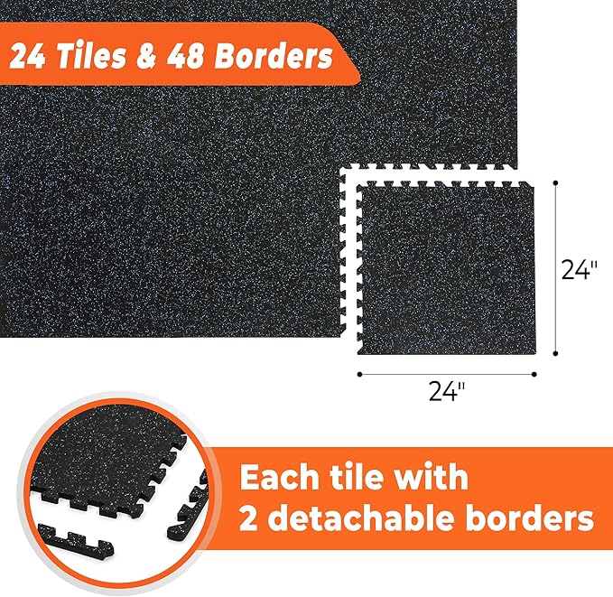 SUPERJARE 0.4'' Thick 24 Pcs 96 Sq Ft Rubber Top Exercise Equipment Mats, High Density EVA Foam Mats with Rubber Top, Interlocking Gym Flooring for Home Gym, Protective Workout Mat, Black/Blue