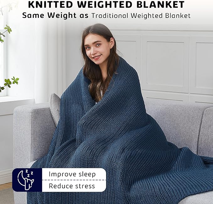 L'AGRATY Knitted Weighted Blanket - 60"x80" 20lbs Cooling Chunky Knit Heavy Blanket for Adults Braided Crochet Throw Thick Cable Yarn Knit Decorative No Beads Evenly Weighted Machine Washable