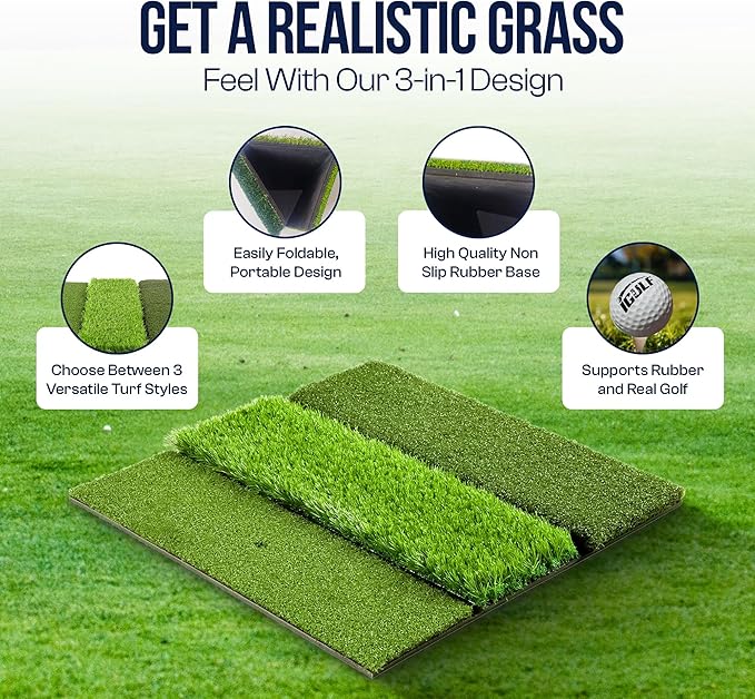 Tri-Turf 3-in-1 Golf Hitting Mat - XL 24"x24" Foldable Practice Pad w/Adjustable Tees, Non-Slip EVA Foam Base, Indoor & Outdoor Use for Chipping, Driving, Swing Training, Backyard or Garage