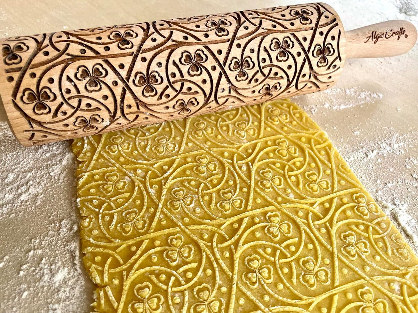 IRISH CLOVER KNOT Embossing Rolling Pin. Dough Roller with Shamrock Pattern for Homemade Cookies and Pottery by Algis Crafts