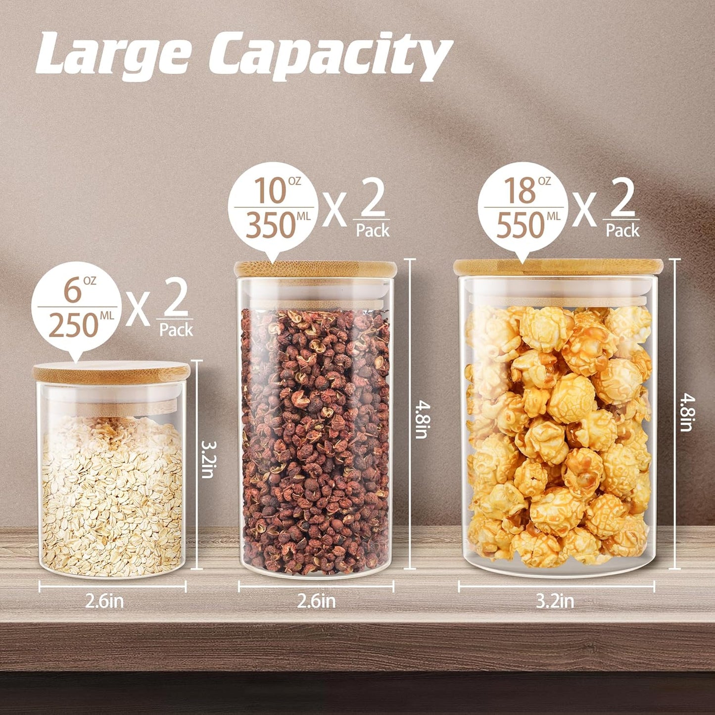 Glass Jars with Bamboo Wooden Airtight Lids 6oz 10oz 18 oz Spice Jars Food Storage Containers for Home Kitchen, Tea, Salt, Pepper, Spices, Coffee, Herbs, Grains