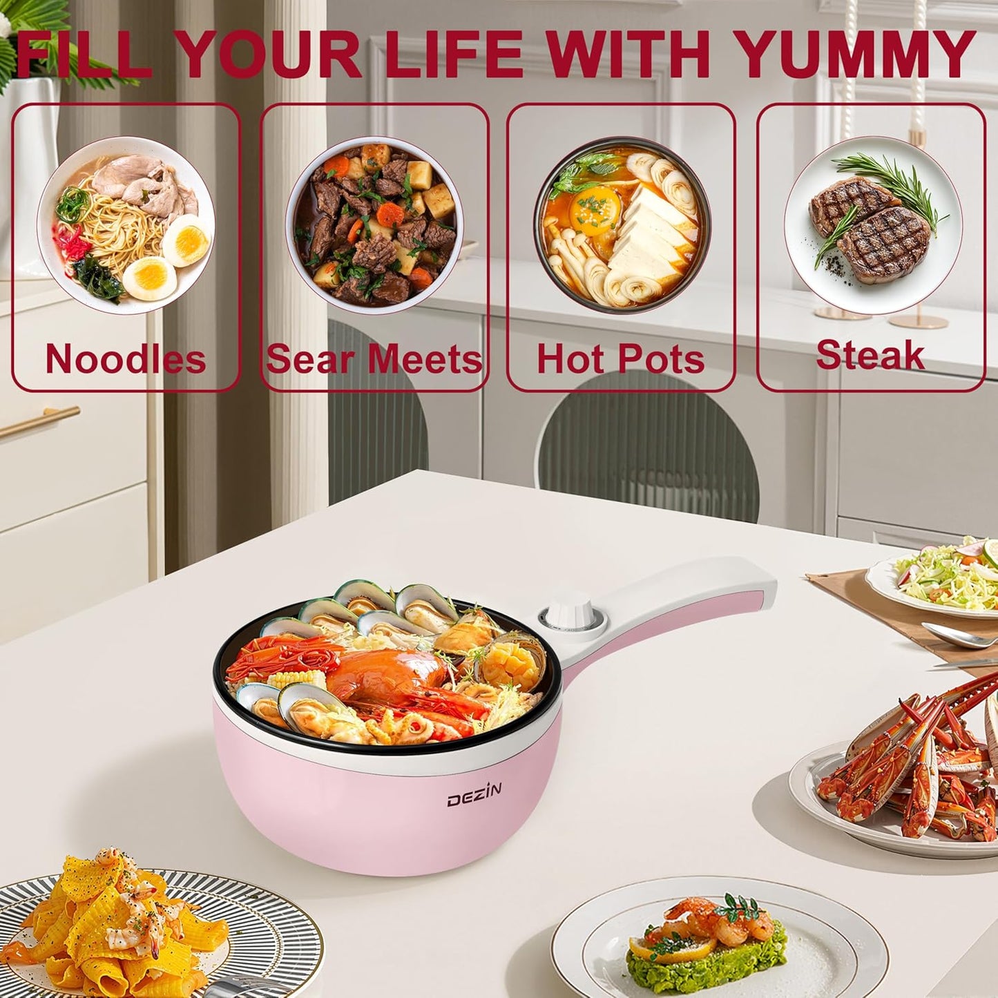 Dezin Hot Pot Electric Upgraded, Non-Stick Sauté Pan, Rapid Noodles Electric Pot, 1.5L Mini Portable Hot Pot for Steak, Egg, Fried Rice, Ramen, Oatmeal, Soup with Power Adjustment