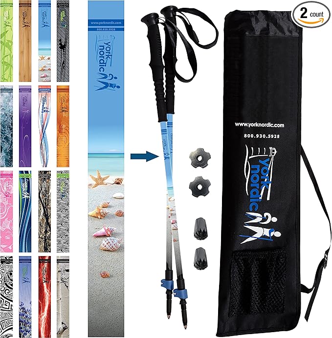 York Nordic Hiking & Walking Poles - Cushion Foam Grips w/Nordic Strap - Lightweight, Adjustable, and Great for Balance -2 Pieces w/Flip Locks, and Travel Bag - Heights 5'4"-6'2"