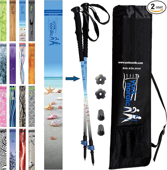York Nordic Hiking & Walking Poles - Cushion Foam Grips w/Nordic Strap - Lightweight, Adjustable, and Great for Balance -2 Pieces w/Flip Locks, and Travel Bag - Heights 5'4"-6'2"