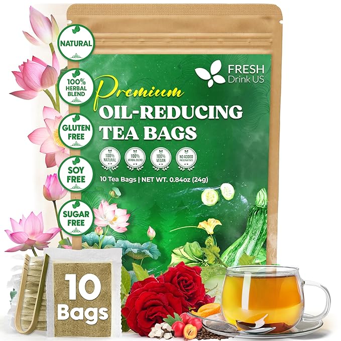 FreshDrinkUS, Oil-Reducing Herbal Tea – 10 Tea Bags | Blend of Winter Melon, Lotus Leaf, Ginger, Hawthorn, Gardenia Fruit, Rose, Cassia Seed & More | Naturally Caffeine-Free | Delicious Hot or Iced