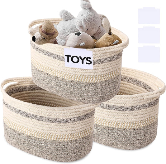 Woven Storage Basket, 3 Pack Brown Rope Basket for Shelves, HandWoven Cotton Rope Basket with Built-in Handles and Labels for Bathroom, Bedroom, Laundry, Pantry, Shelves