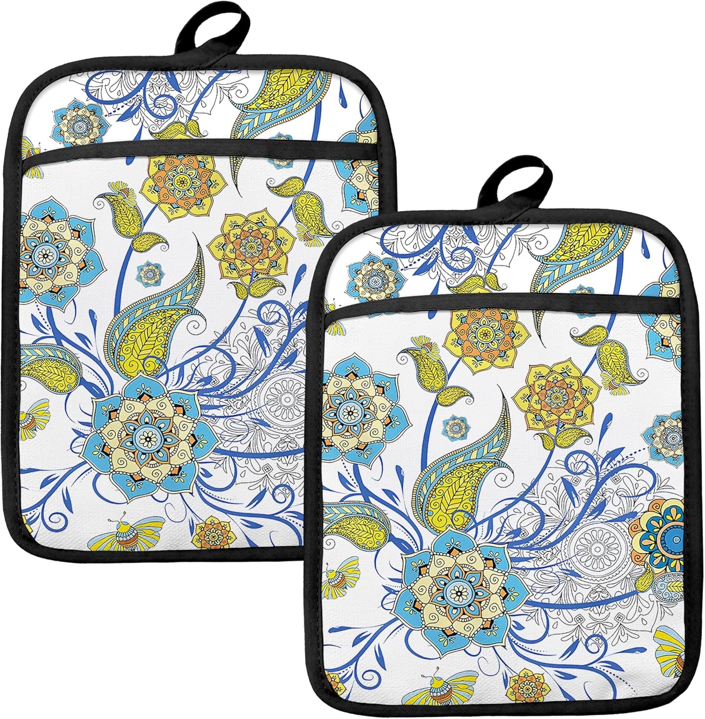 Boho Floral Oven Mitts Set, Vintage Luxury Blue and Gold Flower Floral Heat Resistant Kitchen Oven Gloves for Baking and Cooking,Pot Holders
