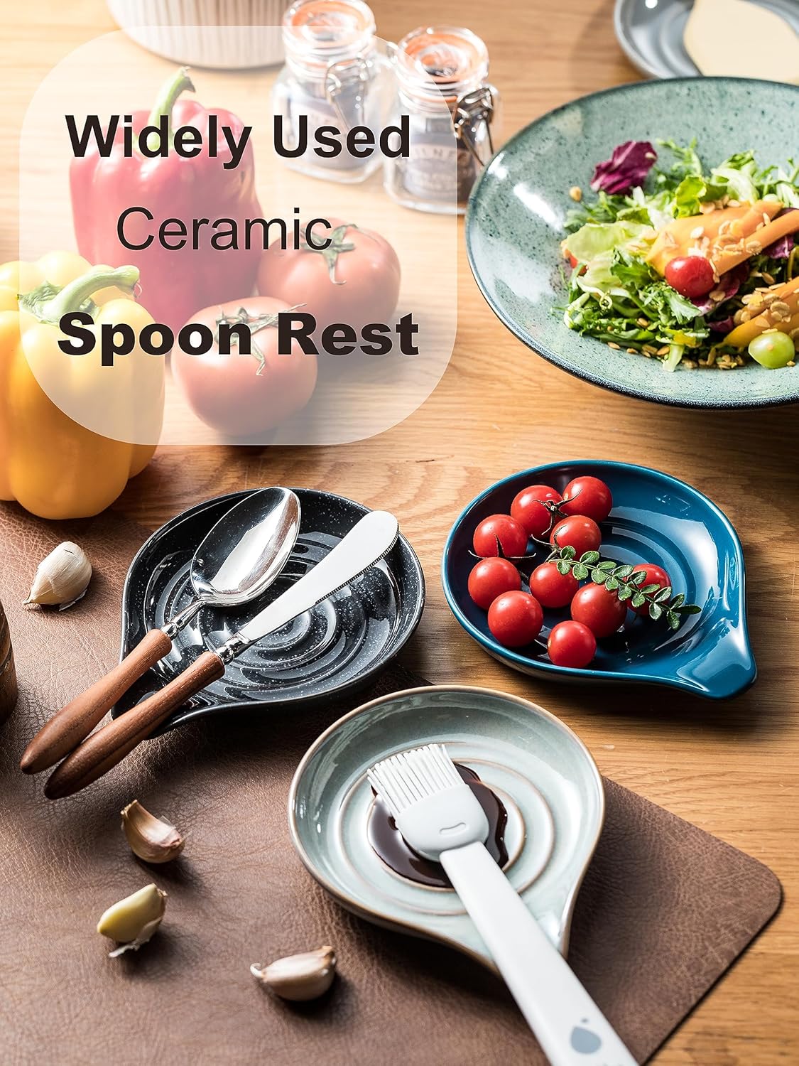 LAUCHUH Spoon Rest for Stove Top, Ceramic Spoon Holder 5" Kitchen Spatula Rest for Countertop Large Holder for Ladle, Spatula, Spoons or Tongs, Christmas Decor, Speckled Dark Gray