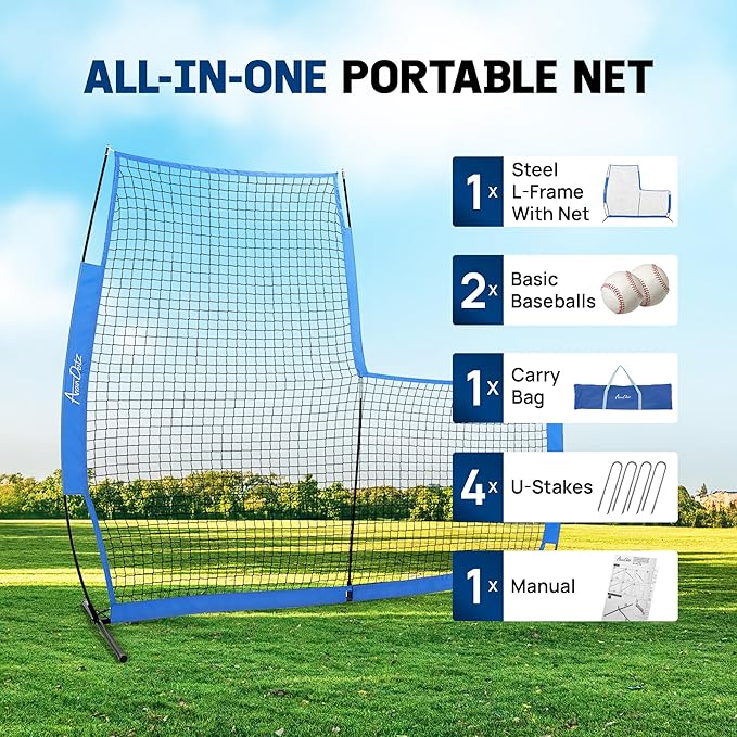 Yes4All Portable L-Screen Baseball 7x7ft with 2 Baseballs, Rubber Wheels - L Screen Baseball for Batting Cage, Protective Pitching Screen Net Double Layers, Carry Bag Included