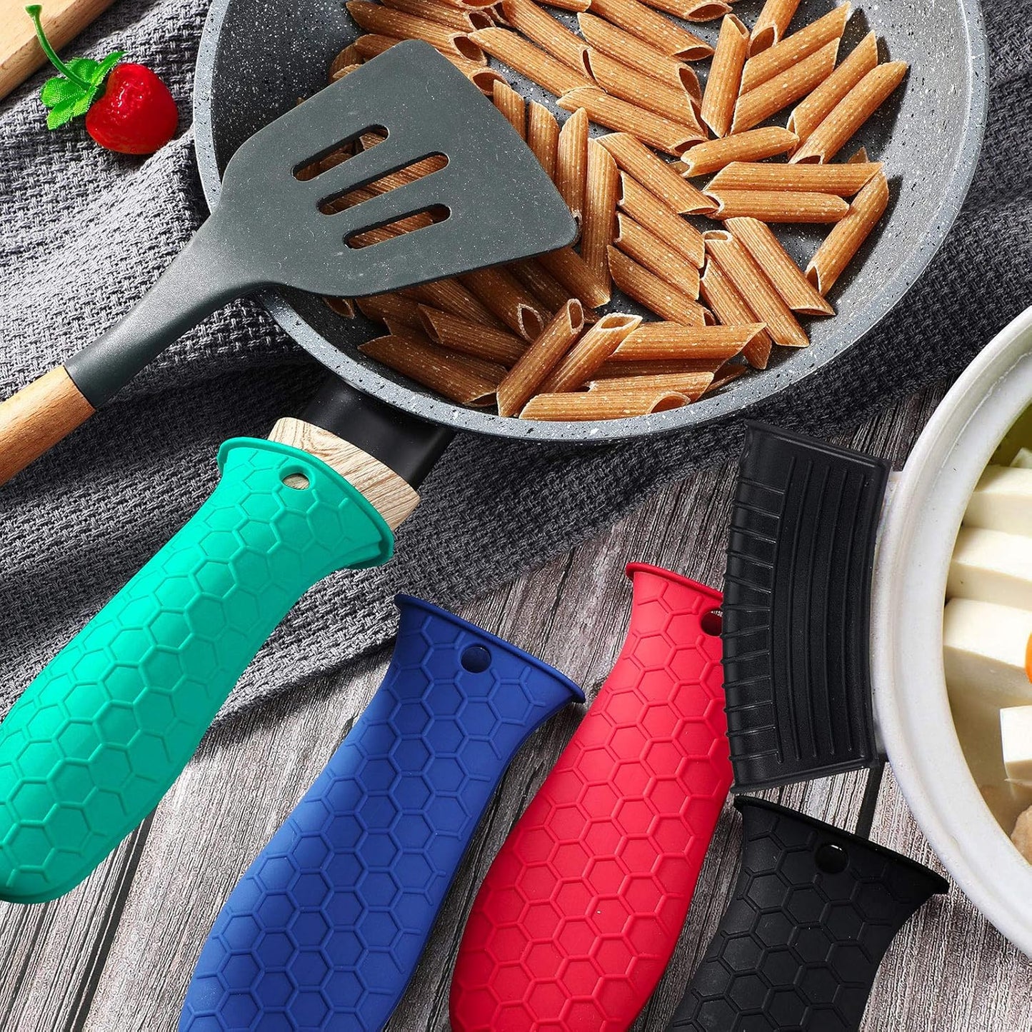 Patelai 8 Pcs Silicone Pot Holders Set Cast Iron Handle Cover Heat Resistant Pot Handle Covers Potholder Non Slip Reusable Pan Sleeve for Frying Pan Kitchen Supplies(Blue, Red, Green, Black)