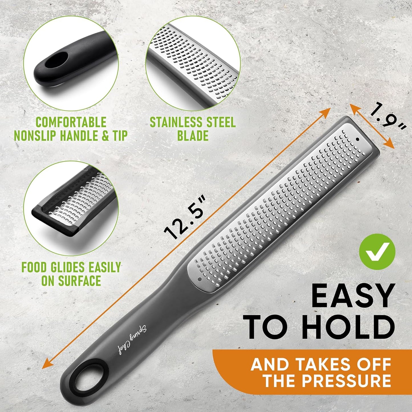 Spring Chef Premium Gray Lemon Zester Grater with Handle - Lime, Garlic, Ginger, Orange, Nutmeg, Fruit Grater - Heavy Duty Kitchen Tool - Stainless Steel Citrus Zester with Blade Cover - Fine Shred