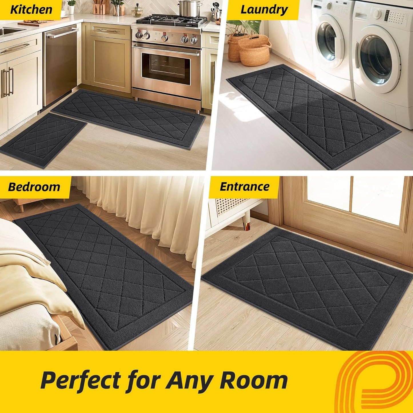 JSEI Non-Slip Kitchen Rugs, Self Adhesive No Sliding Kitchen Mats Set of 2, Soft Washable Absorbent Floor Mat for Kitchen, Bathroom, Laundry Room, Bedroom, 24”x36”+24”x60”, Dark Grey, Diamond Pattern