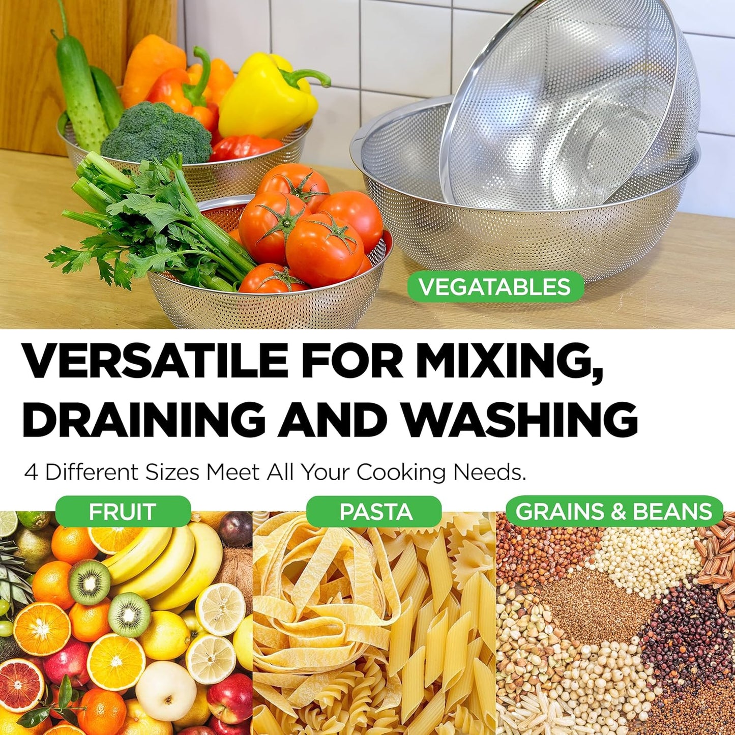 Premium 18/8 304 Stainless Steel Micro-Perforated Small and Big Colander Set of 4 with rings - 3.5-5.5-7.5-9.5 Quart Set, Self-Draining Solid Base for Pasta, Fruits, Vegetables