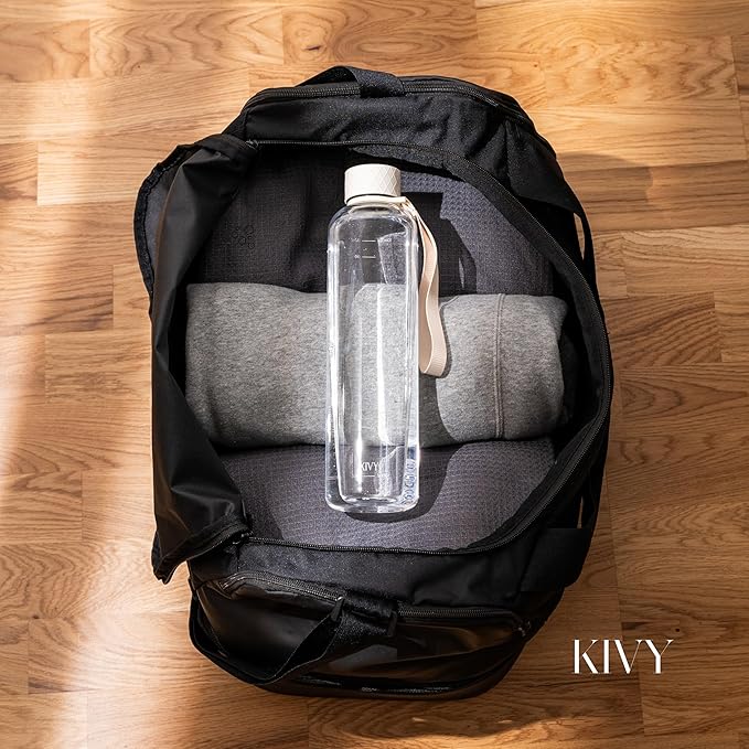 KIVY Slim Water Bottle 32oz [Lightweight & Shatterproof] Fits Backpack & Cupholder for Travel, Sports, School, Gym - Clear water bottle with measurements - Transparent Tritan Beige - Dishwasher Safe