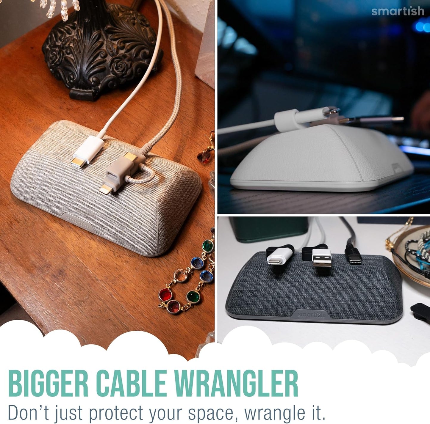 Smartish® Magnetic Cord Holder - Bigger Cable Wrangler Organizer with Magnet Clips for Charger Management on Desktop, Nightstand, or Side Table - Holds 6+ Cables - Blue Jeanie