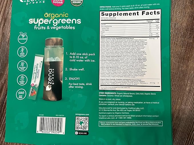 Zena Nutrition Organic Super Greens Powder, 70+ Superfoods, 0 Sugar, 3G Fiber, Spirulina, Chlorella, Antioxidants, Prebiotics/Probiotics, Digestive Enzymes, Mixed Berry, 30 Drink Mix Packets