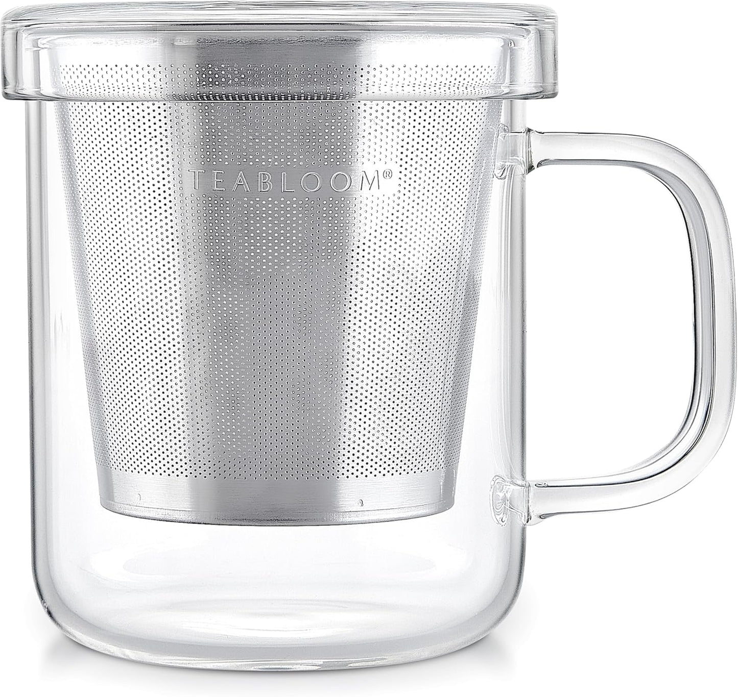 Teabloom Premium Borosilicate Glass Mug with Stainless Steel Loose Leaf Tea Infuser and Lid/Dish - 8 Ounces (240 mL)