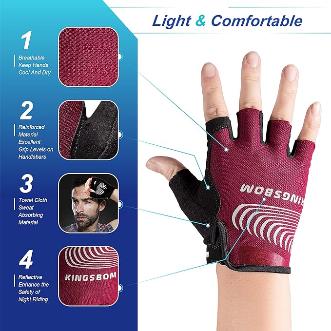 KINGSBOM Breathable Cycling Gloves, Shock-Absorbing Bike Gloves with Light Silicone Gel Pad, Anti-Slip Bicycle Gloves for Men and Women