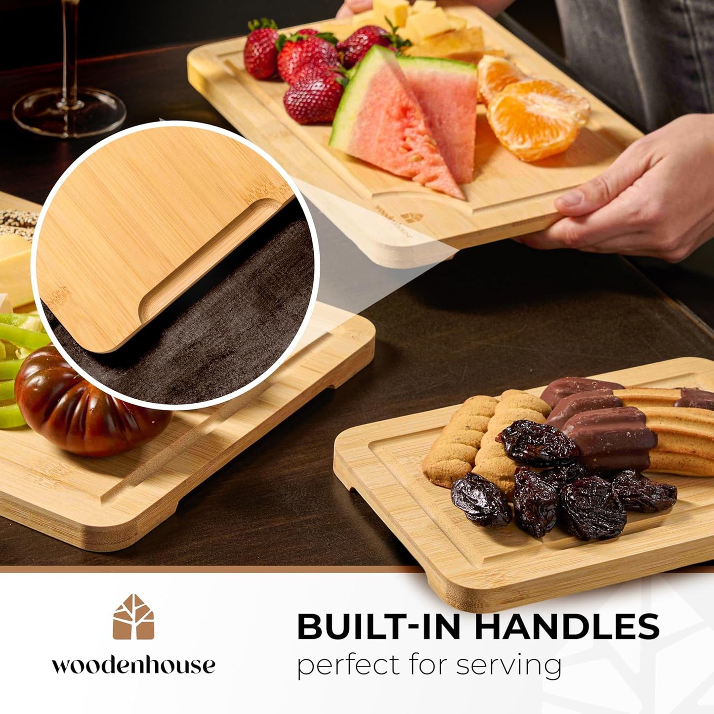 Bamboo Cutting Board Set of 3 - Thick & Durable Wood Cutting Boards with Deep Juice Grooves & Build-in Handles, Large Surface, Easy to Clean – for Meat, Vegetables and Fruits