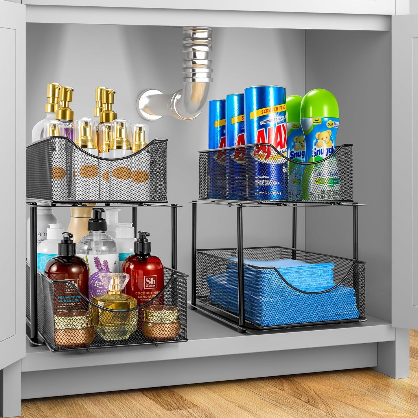 Sorbus 2 Sets of 2 Tier Metal Under Sink Organizer for Bathroom, Kitchen, Strong Steel Mesh Sliding Drawers for Under Sink, Under Cabinet, Closet, Kitchen, Pantry, Bathroom Organizers and Storage