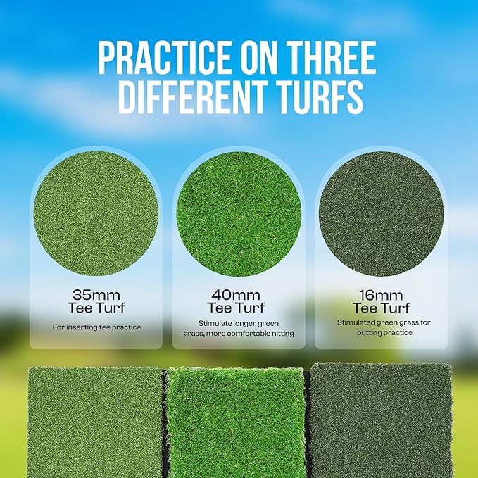 Tri-Turf 3-in-1 Golf Hitting Mat - XL 24"x24" Foldable Practice Pad w/Adjustable Tees, Non-Slip EVA Foam Base, Indoor & Outdoor Use for Chipping, Driving, Swing Training, Backyard or Garage