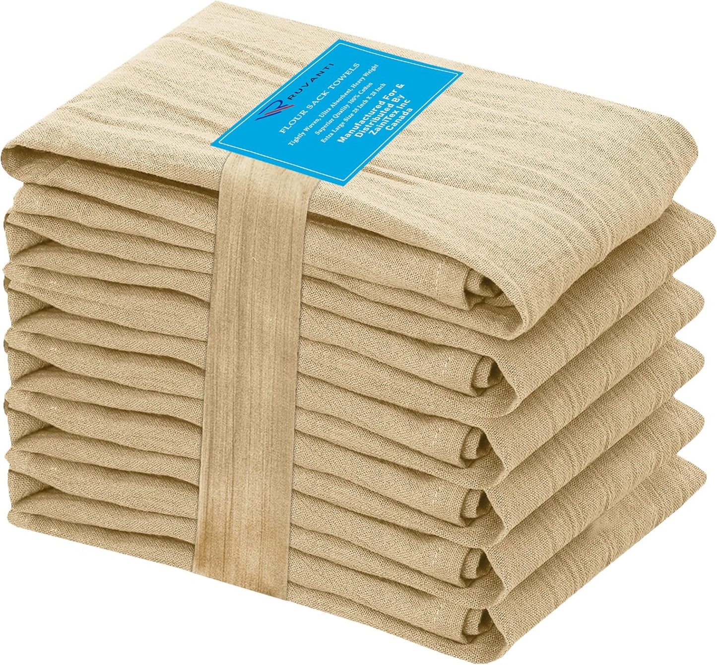 RUVANTI Flour Sack Towels 6 Pack 28x28 Inch, 100% Cotton Tea Towel, Reusable, Machine Washable, Absorbent BarTowels - Dish Cloth Perfect for Drying Dishes & Cleaning - Camel