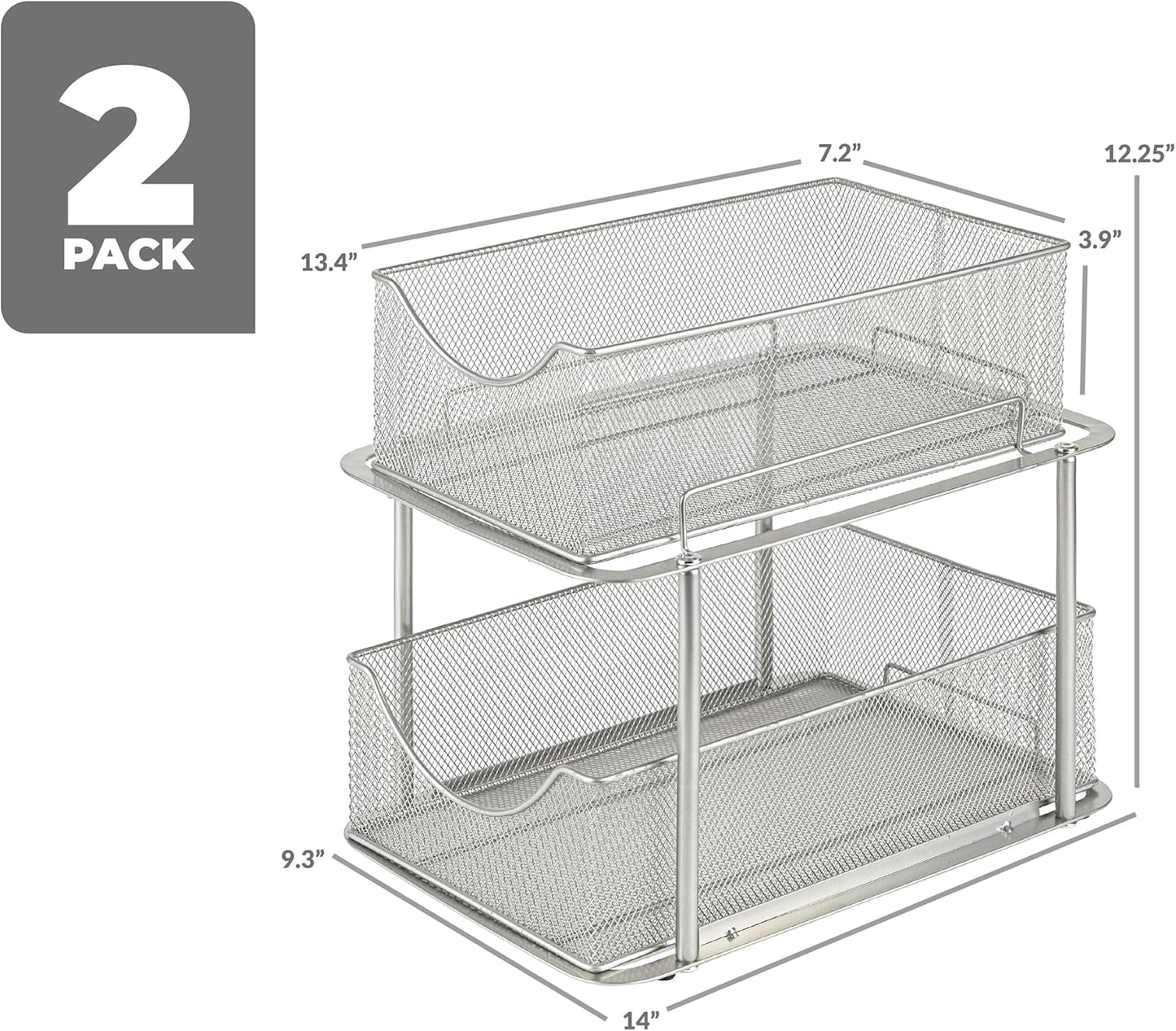 Sorbus 2 Sets of 2 Tier Metal Under Sink Organizer for Bathroom, Kitchen, Strong Steel Mesh Sliding Drawers for Under Sink, Under Cabinet, Closet, Kitchen, Pantry, Bathroom Organizers and Storage
