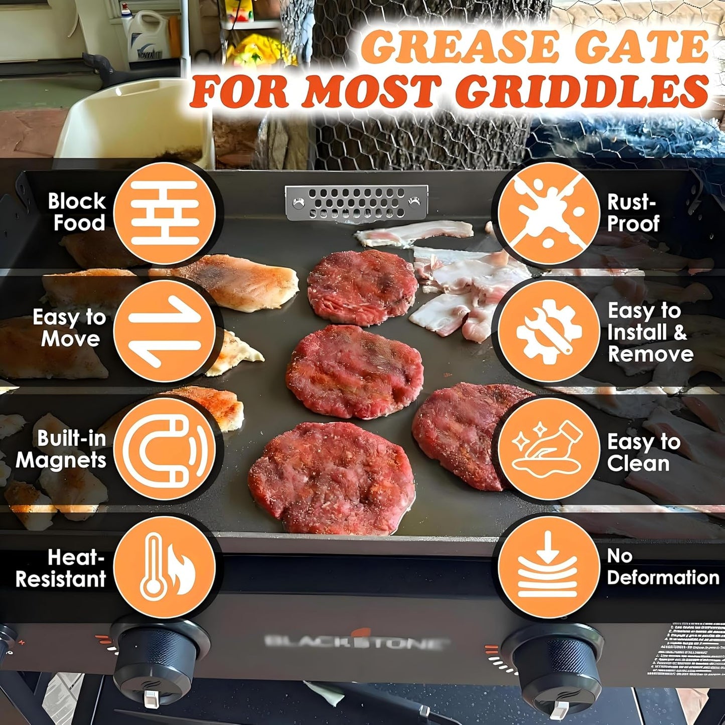 Griddle Accessories of Blackstone Grease Gate Blocker,Grease Gate for Blackstone Griddle,Block Food from Falling into Rear Grease Trap,Movable&Magnetic,Stainless Steel&Heat-Resistant,Rust-Proof(2PCS）