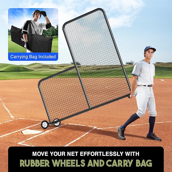 Yes4All Portable L-Screen Baseball 7x7ft with 2 Baseballs, Rubber Wheels - L Screen Baseball for Batting Cage, Protective Pitching Screen Net Double Layers, Carry Bag Included