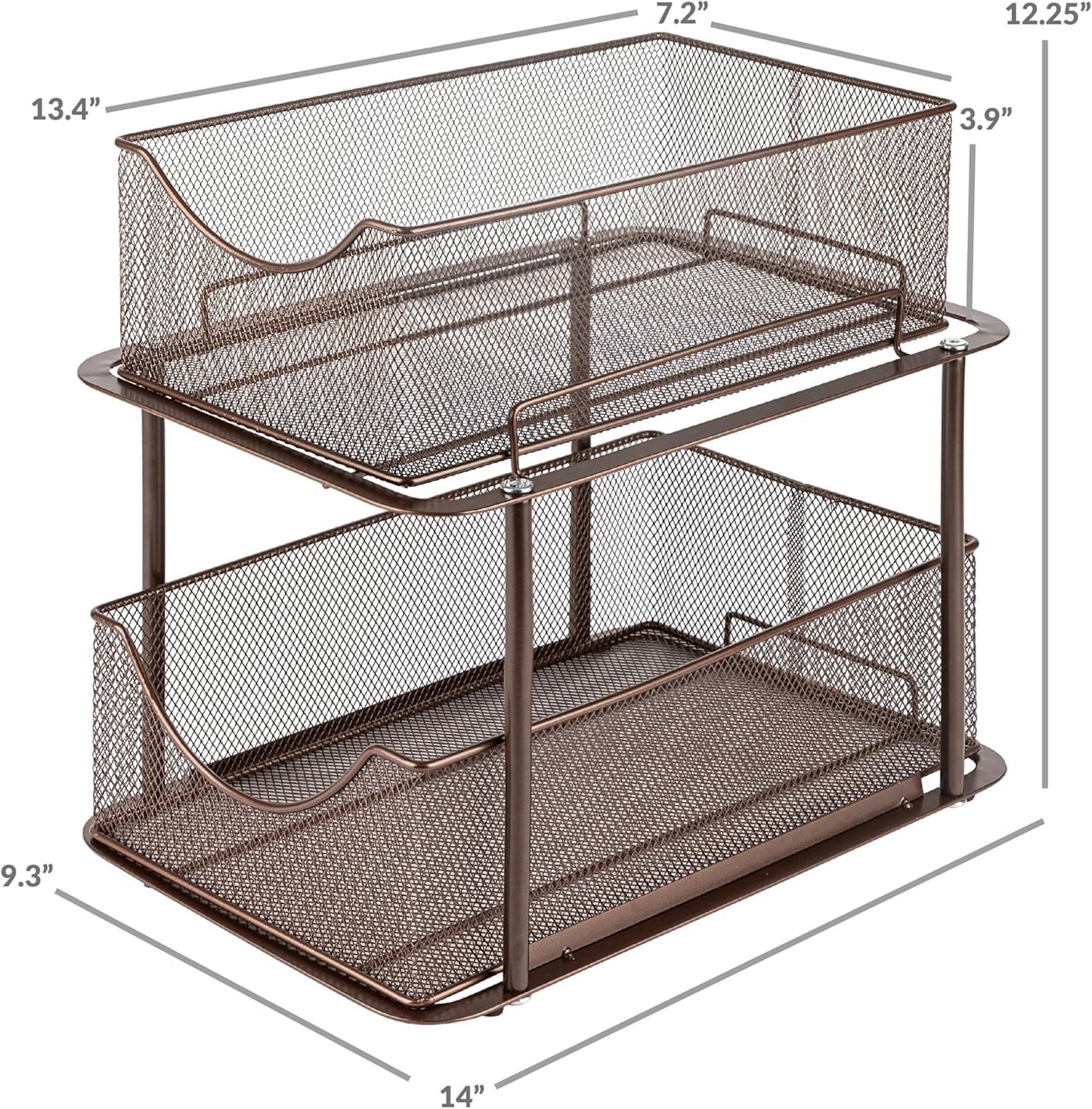 Sorbus 2 Tier Metal Under Sink Organizer for Bathroom, Kitchen, Strong Steel Mesh Sliding Drawers for Under Sink, Under Cabinet, Closet, Kitchen, Pantry, Bathroom Organizers and Storage (Brown)