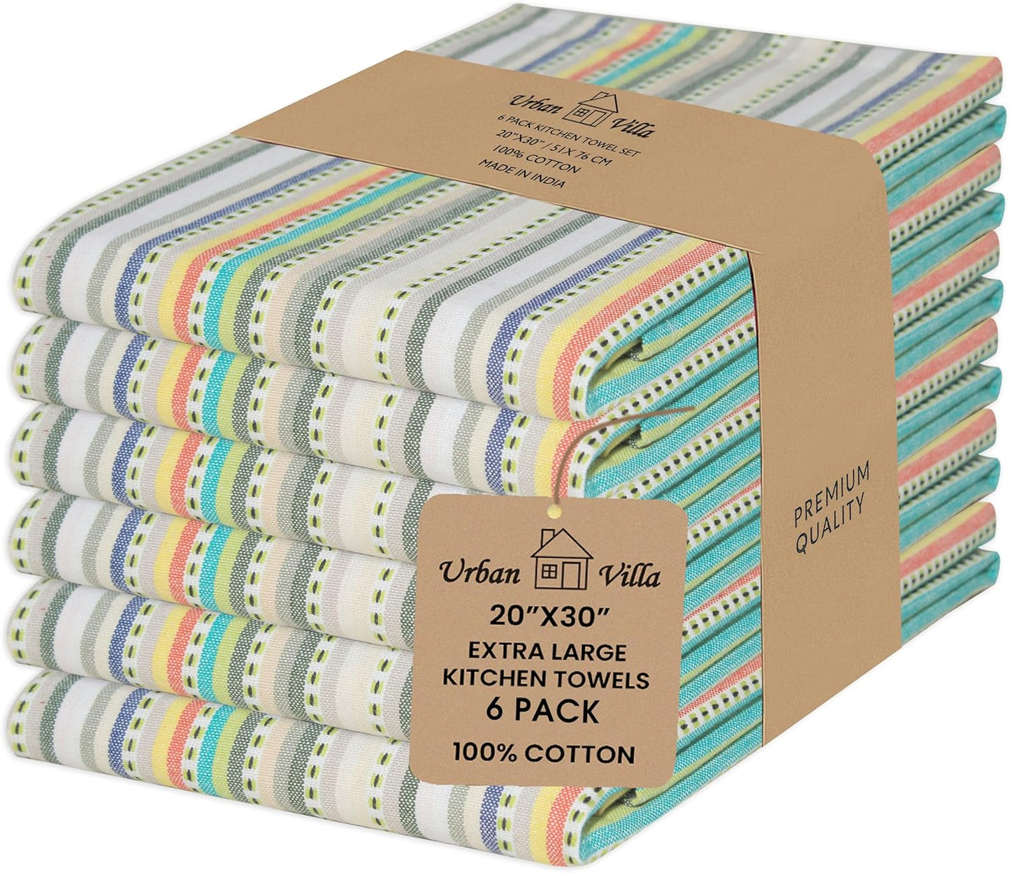 Urban Villa Easter Kitchen Towels,Beige Multi Dobby Stripes,Premium Quality,100% Cotton Dish Towels, Mitered Corners,Ultra Soft (Size: 20x30 Inches), Highly Absorbent Bar & Tea Towels (Set of 6)