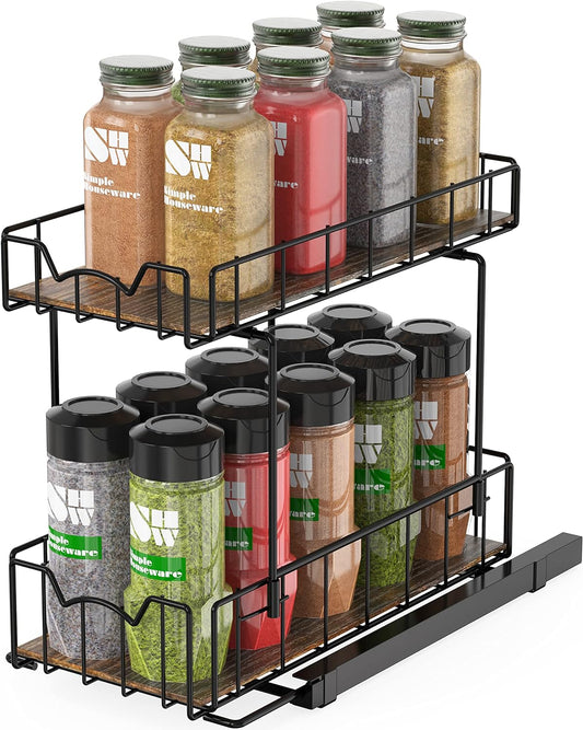 Simple Houseware 2-Tier Spice Rack Slide Out Wire Basket Drawer Organizer, Black