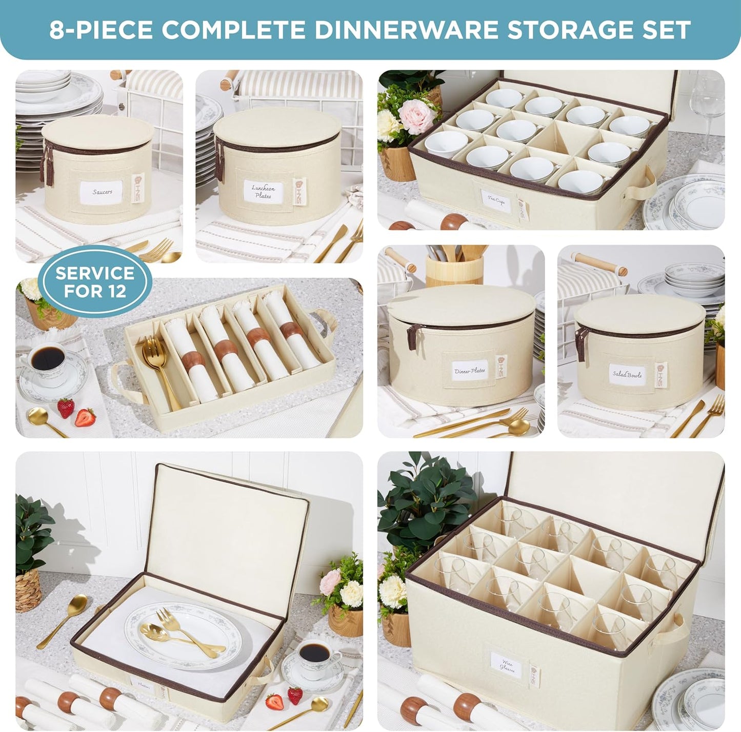 Hard Shell China Storage Containers 8-Piece Set Moving Boxes for Dinnerware, Glasses, Plates, Mugs and Saucers Sturdy Dish Organizer with Dividers for Seasonal Storage - Service for 12 - Beige