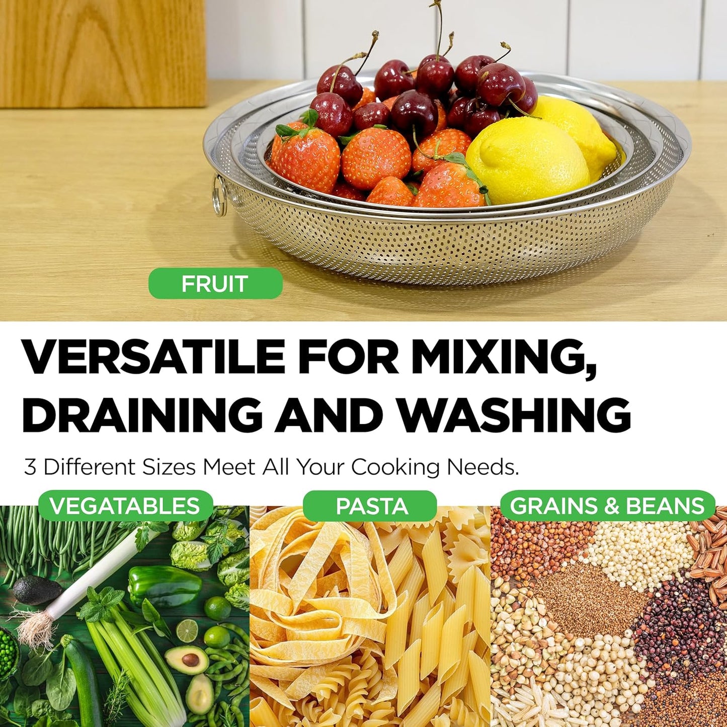 Premium 18/8 304 Stainless Steel Small Colander Set of 3, Comfortable Tray, Micro-Perforated Shallow Colanders 2-3-4 Quart Set, Self-Draining Solid Base for Pasta, Fruits, Vegetables