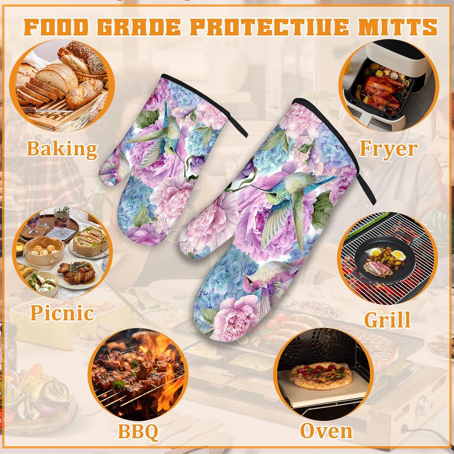 Hummingbird Oven Mitts and Pot Holders Set,Pink Flower Floral Kitchen Decor Heat Resistant Non Slip Hot Pads and Oven Mitt for Chef Cooking Baking BBQ Mom Girl Gifts(4 Piece Set)